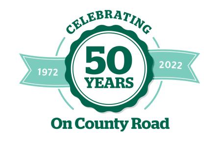 Round award image stating, "Mt. Ascutney Celebrating 50 years on Country Road - 1972 to 2022