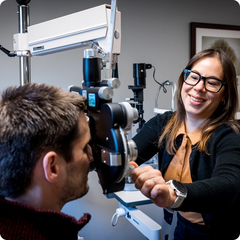 Dr. Lauren J. Pallet, OD, MS, FAAO, Ophthalmologist at Mt Ascutney hospital and health center, setting up patient for eye exam